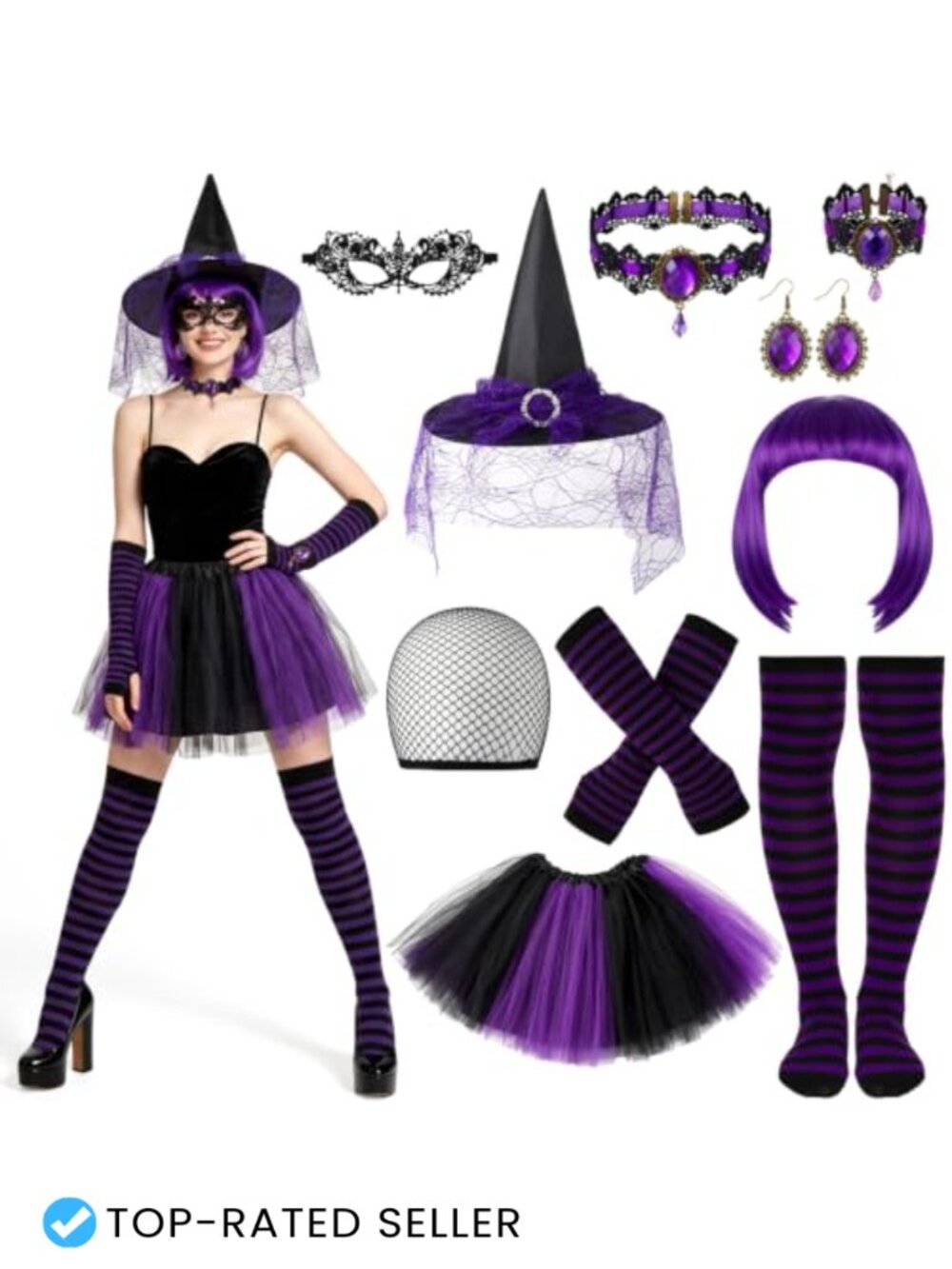 Gothic Witch Costume Set Tutu Hat Wig Gloves Socks Cosplay